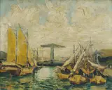 Sujatno Koempoel, Boats in the Harbour, Oil on Canvas