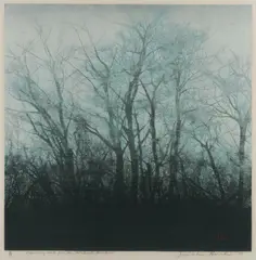 Joichi Hoshi, Trees, 1975, Woodcut with Metallic Leaf