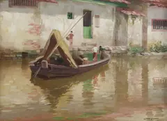 Alfred Coffey, By the Pinto Kechil, Old Canal, Batavia, Java, Oil on Canvas