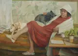 Yve Close, Portrait of Dora Toovey with Dogs, 1982, Oil on Board