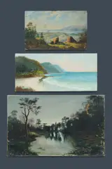 (3) by Louis Frank, 'South of Bulli, NSW,' oil on board (25.5x56cm); Coastal View, 1886, oil on board (26x41cm); and Shoalhaven Swamp, oil o, sold May 2026