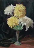 J. Noel Kilgour, Chrysanthemums in Fluted Vase, Oil on Board