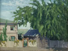 Frank Sherrin, House and Shed in Dappled Light, Oil on Board