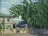 Frank Sherrin, House and Shed in Dappled Light, Oil on Board
