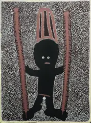 David Downs Jarinyanu, Jakarra Dancing at Yapurno with Pink Witi Poles, 1994, Natural Earth Pigments & Acrylic on Linen