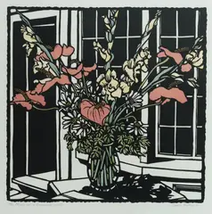 David Preston, Flowers on a Greenwich Porch, 1990, Hand Coloured Linocut 1/50