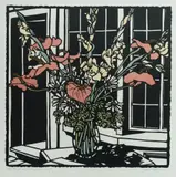 David Preston, Flowers on a Greenwich Porch, 1990, Hand Coloured Linocut 1/50