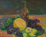 Salvatore Zofrea, Still Life with Bottle and Fruit, 1972, Oil on Board