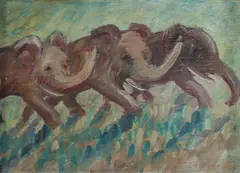 Dora Toovey, Pink Elephants on the Move, Oil on Canvas on Board