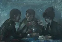 Frederic Bates, Cafe Meeting, Oil on Board