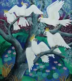 Johanna Hildebrandt, Sulphur Crested Cockatoos, 1991, Oil on Board