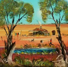 Nick Petali, Oz Outback Settlement, Oil on Board