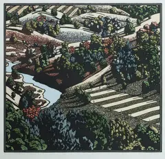 David Preston, Repentance Creek - Late Afternoon, 1991, Hand Coloured Linocut H/C 4/6
