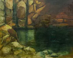 W Allan Baker, Python Rock Pool, Oil on Board