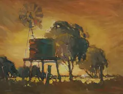Rex Newell, Water Tank and Windmill, 1975, Oil on Board
