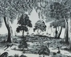 Malcolm Ellis, Bush Landscape with Kangaroos, Acrylic on Board