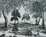 Malcolm Ellis, Bush Landscape with Kangaroos, Acrylic on Board