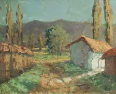 Rupert Bunny, Farm Buildings and Poplars, France, c.1920s/30s, Oil on Board