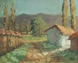 Rupert Bunny, Farm Buildings and Poplars, France, c.1920s/30s, Oil on Board
