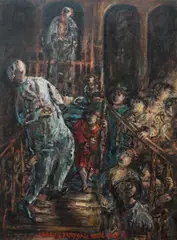 Yosl Bergner, Painting to Franz Kafka's "The Trial" - Several Young Girls Raced Past K. Up The Stairs, 1987, Oil on Linen