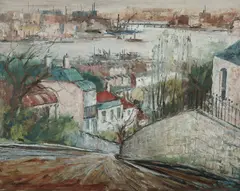 George Lawrence, View to the City, Sydney Harbour, 1962, Oil on Board