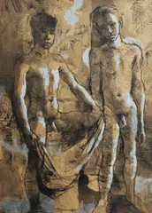 Two Boys Standing by Donald Friend, Ink & Wash with Gouache, sold Mar 2026