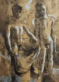 Donald Friend, Two Boys Standing, Ink & Wash with Gouache