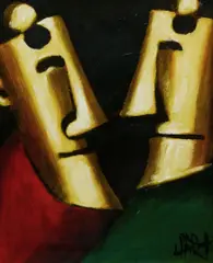 Two Masks by Pro Hart, c.2002, Oil on Card, sold Mar 2026
