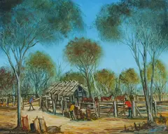 Pro Hart, The Horse Yards, 1922, Oil on Canvas Board