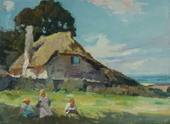 Children Outside Thatched Cottage by Harold Septimus Power, Oil on Academy Board, sold Mar 2026