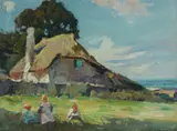 Harold Septimus Power, Children Outside Thatched Cottage, Oil on Academy Board