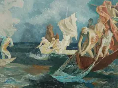 Brian Dunlop, A Miraculous Draught of Fish, 1962, Oil on Board
