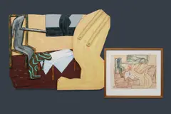 Gavin Chilcott, (2), 'The All Night Session,' 1984, signed and inscribed verso, acrylic on wood assemblage (65x84cm); and 'The All Night Session (Study)' 1984, inscribed lower left, coloured crayon on paper (27.5x36cm)