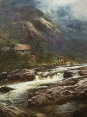 Joseph Farquharson, Cattle Approaching Highland Cascades, Oil on Canvas