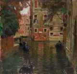 Carl Moll, Gondolas on a Shaded Canal, Venice, Distant view to what is considered to be St Mark's Campanile. Incised monogram 'CM' lower left. Ink customs stamp to panel verso