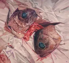 Nicholas Blowers, Blue Eye Heads on Crumpled Paper, 2019, Oil on Canvas
