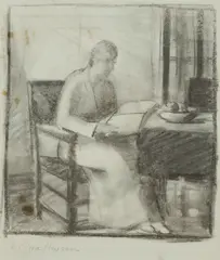 Nora Heysen, Interior with Woman Reading, Charcoal