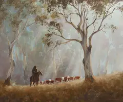 Mustering in the High Country by Kevin Best, Oil on Board, sold Nov 2025