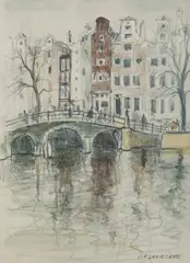 George Lawrence, Canal, Amsterdam, Pencil & W/Clr