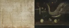 Adriane Strampp, Memorium 1.8 and 1.9 [diptych], 2012, Ink & Wax on Paper on Board (left work); Oil on Canvas on Board (right work)
