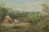 Arthur Esam, Cobb & Co Coach Crossing River, Oil on Board