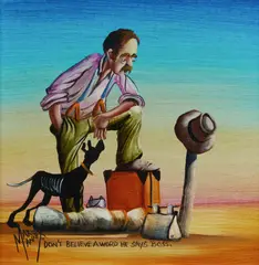 Don't Believe A Word He Says Boss by Max Mannix, Oil on Canvas on Board, sold Nov 2025