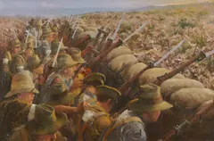 Allan Waite, Awaiting the Whistle-The Nek Gallipoli 7.8.1915 at 04.29 hours, 8 & 10 Light Horse Regiments, Oil on Board