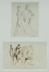 Jean Appleton, Two drawings in one frame: Figures Wearing Hats (23x18cm); and Group Study (18x29cm), Pen & Ink