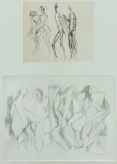 Jean Appleton, Two drawings in one frame: Drying Figures, pen and ink (15.5x18cm); and Figure Composition, pencil, signed lower right (21.5x28.5cm)