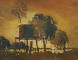 Rex Newell, Water Tank and Windmill, 1975, Oil on Board