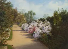 Path Through Sydney Botanic Gardens with Azaleas and View to Government House by George F Halstead, 1880, Oil on Board, offered Nov 2025