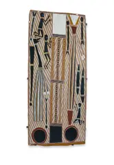 Mudukuntja Hollow Log Ceremony by George Milpurrurru, 1986, Natural Earth Pigments on Bark, offered Nov 2025