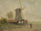 Josef Helmut Schilhabel, Figure in Landscape with Windmill, Oil on Board