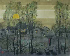 Fuyuan Li, Village with Goats at Night, 1993, Ink & Colour on Paper